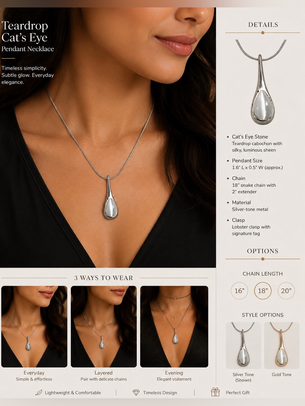 Silver tone Teardrop Pendant Necklace with White Cabochon/ discolorations